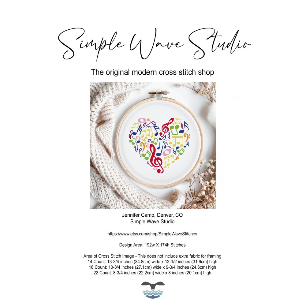 Music Notes Rainbow Heart Counted Cross‎ Stitch KIT